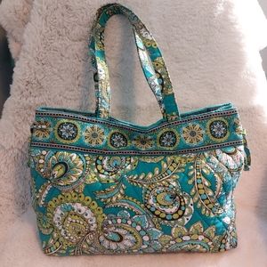 Vera Bradley Turquoise and Lime Peacock Paisley Side-tie Tote